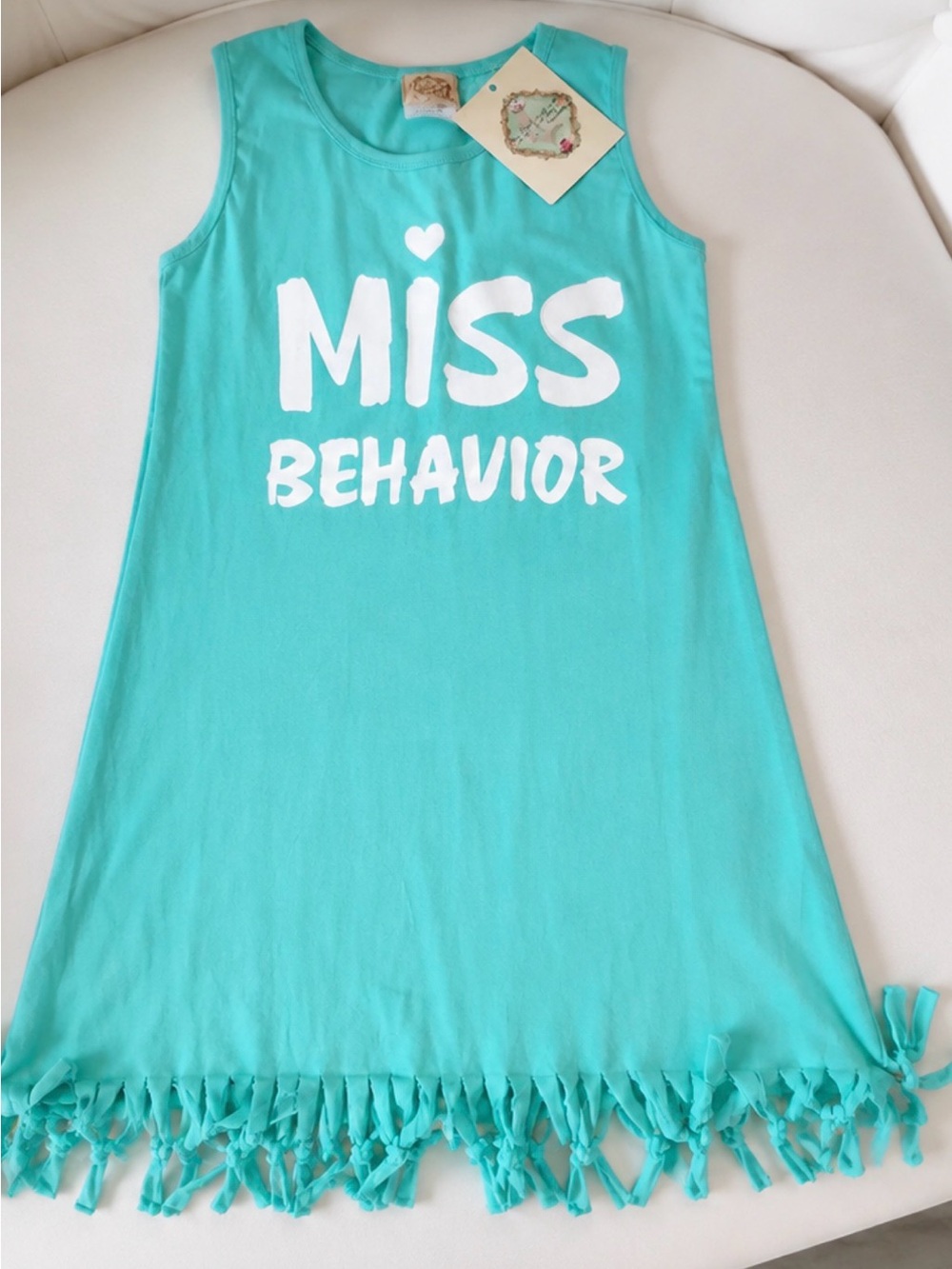 Girls “Miss Behavior” Turquoise Fringe Dress Size 10/12 – NWT